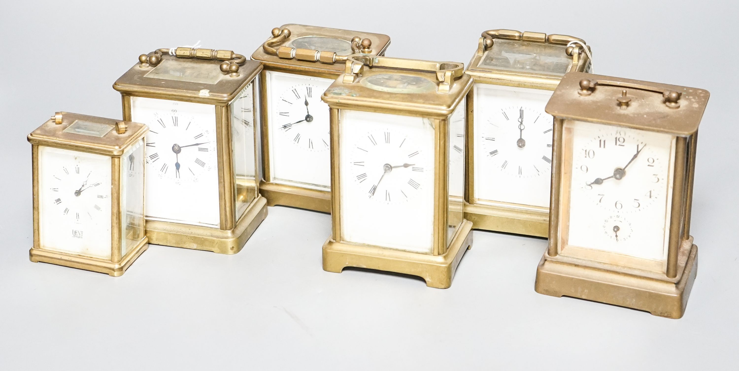 Six assorted carriage timepieces, one with alarm